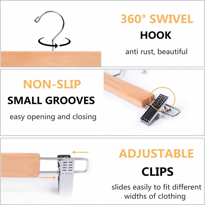 Дерев'яні вішалки для одягу Amber Home, 10 шт., 36 см, білі. Міцні, з антиковзними кліпсами та поворотним гачком. Підходять для штанів, шортів, спідниць, шкарпеток та нижньої білизни.