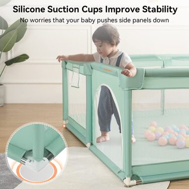 COMOMY Playpen Baby, 150x180x66cm Playard Baby Large XXL Safety Play Area Protective Fence for Children with Soft Net, Non-Slip Oxford Bottom, Balls, Mini Baskets, and 4 Pull Rings 150x180x66cm Dark Green