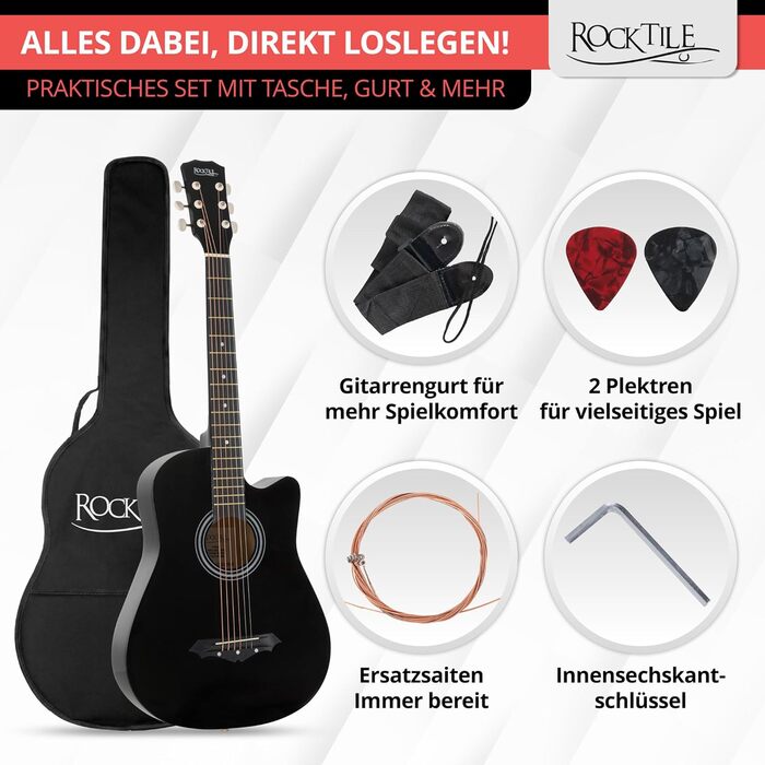 Rocktile WSD-5C-BK: Акустична гітара Western Slim Line - Комплект з чохлом, струнами, ременем та медіатором (Чорний)