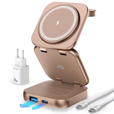 Зарядна станція 5 в 1 для iPhone з підтримкою магнітного зарядного пристрою, складна для подорожей, бездротовий зарядний пристрій для iPhone 17/16/15/14/13/12, AirPods Pro 3, Apple Watch S11/Ultra (Titan Wüstensand), 2026