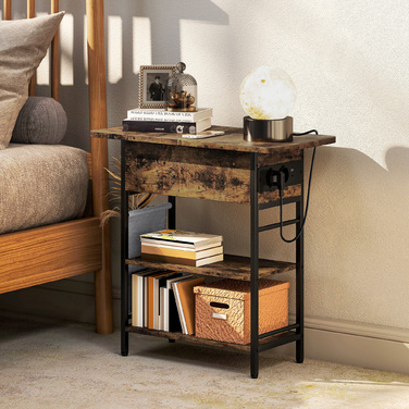 HOMCOM Bedside Table with Power Strip, 2 Tiers, USB Ports, and Storage - Rustic Brown (60 x 29.8 x 58.5 cm)