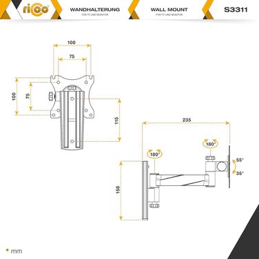Настінний кронштейн для телевізора RICOO S0644 поворотний та нахильний, для Smart TV та вигнутих екранів 32-55 дюймів, до 35 кг, VESA 400x400 мм