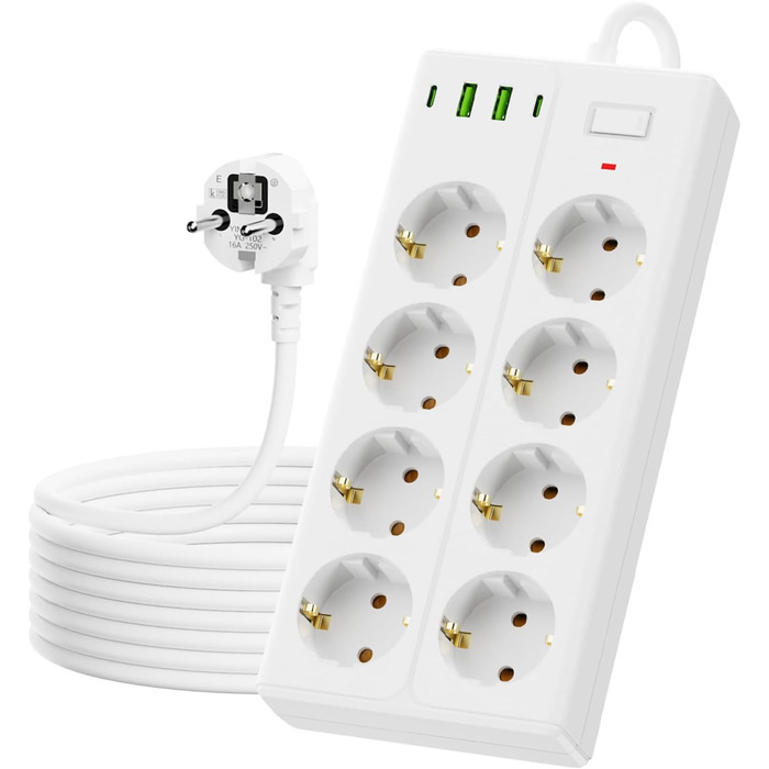 Мережевий фільтр AOUOO з вимикачем, 8 розеток, подовжувач 2м, 3 USB/3 Type-C (5V/3.1A), Макс. 250V / 16A, Захист від перенапруги 3840W/16A, Чорний