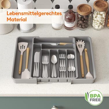 Органайзер для столових приборів Lifewit в шухляду, розсувний, пластиковий, 7-9 відділень, сірий, глибокий 38 см - великий розмір