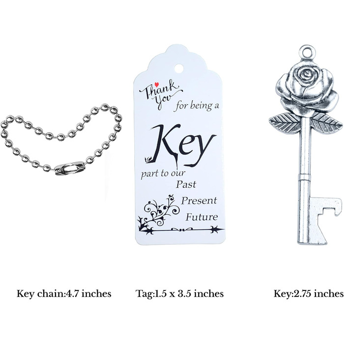 Aokbean 100 Pieces Wedding Key Bottle Opener Rose Shape Vintage Rustic Cake Accessories Suitable as a Gift for Guests with Thank You Card and Chain (Antique Silver)