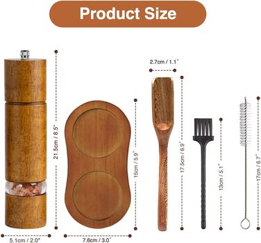 Механічна млинка для солі та перцю з керамічним жорном, регульована ступінь помелу, набір 2 шт. з підставкою, висота 21,5 см