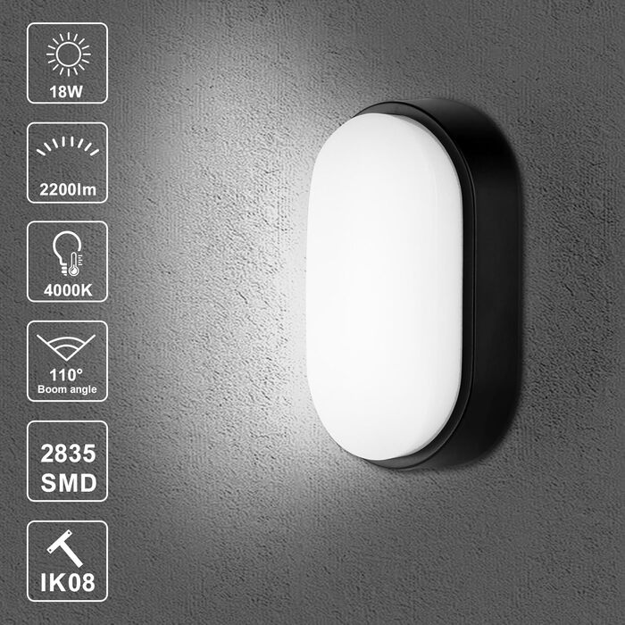 LED світильник настінний овальний 18W 4000K IP65 з чорною рамкою для дому, офісу, ванної кімнати, саду та інших приміщень