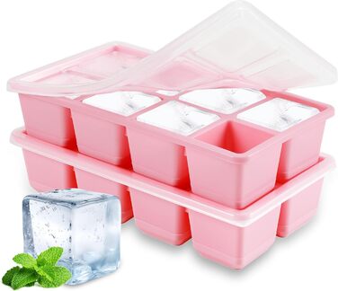Форми для льоду JRISBO (2 шт.) з кришкою, 4,5 см, BPA-Free, XL, великі кубики льоду з силікону, гнучке дно, рожеві