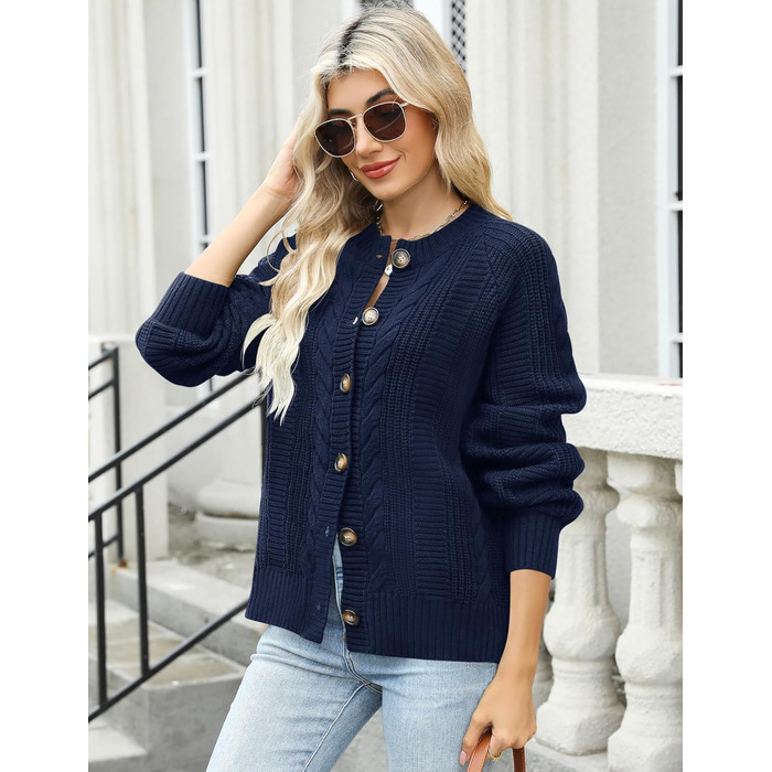 Жіночий кардиган Rapbin: короткий рукав, в'язаний, вільний крій, повсякденний стиль, осінь, з ґудзиками, темно-синій