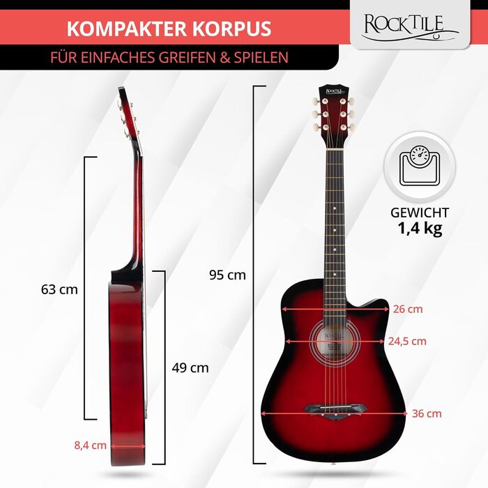Rocktile WSD-5C-RDB: Акустична гітара Вестерн Slim Line - комплект з чохлом, струнами, ремінком та медіатором. Корпус з липи, гриф з катальпи. Колір: Redburst