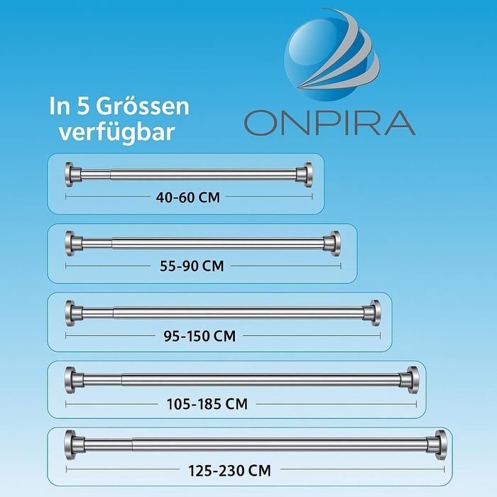 Дзеркальна штанга для душу Onpira® без свердління – нержавіюча штанга для штори для душу та гардини | 5 розмірів 40–230 см | 3 кольори: чорний, білий, нержавіюча сталь | Міцне кріплення до 12 кг, штанга 230 см