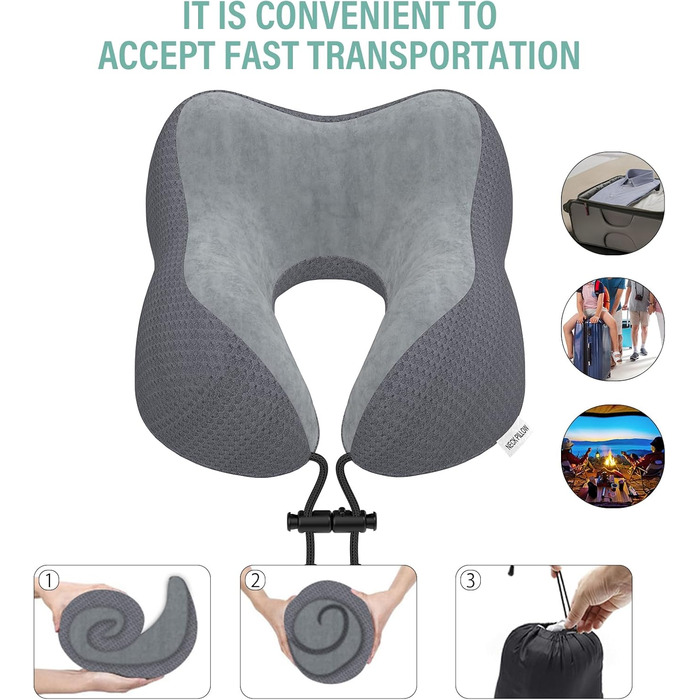 Подушка для шиї у подорожах: м'яка подушка з memory foam для автомобіля, літака, офісу та дому (темно-сіра)