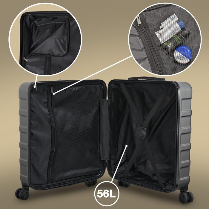 Чемодан ручної поклажі Cabin Max Anode 56x45x25cm - Легкий, з жорстким корпусом, 4 колеса, кодовий замок, чорний (56L)