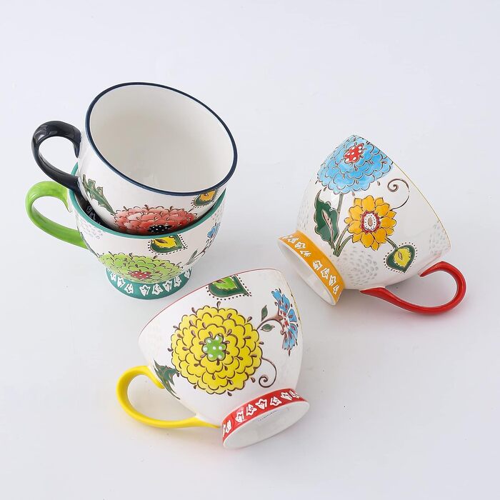 superyes Large Coffee Cup Set, 4 Pieces, Coffee Cup Set for Tea, Milk, Latte, Cappuccino, Cereal, Hot Chocolate, Soup, Gift for Friend, Family (Red-Yellow-Green, 425 ml x 4 Pieces)