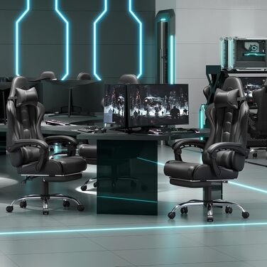 Ігрове крісло Yaheetech Ergonomic Gaming Chair з функцією масажу, підставкою для ніг та регулюванням спинки 90-135°, офісне крісло для геймерів та дому, чорне