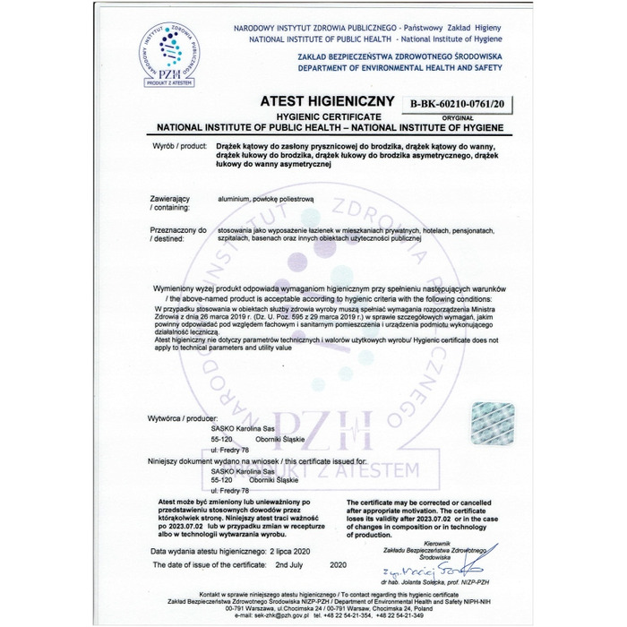 Кутовий штанга для душу Sasko 110-110 x 25 мм, білий