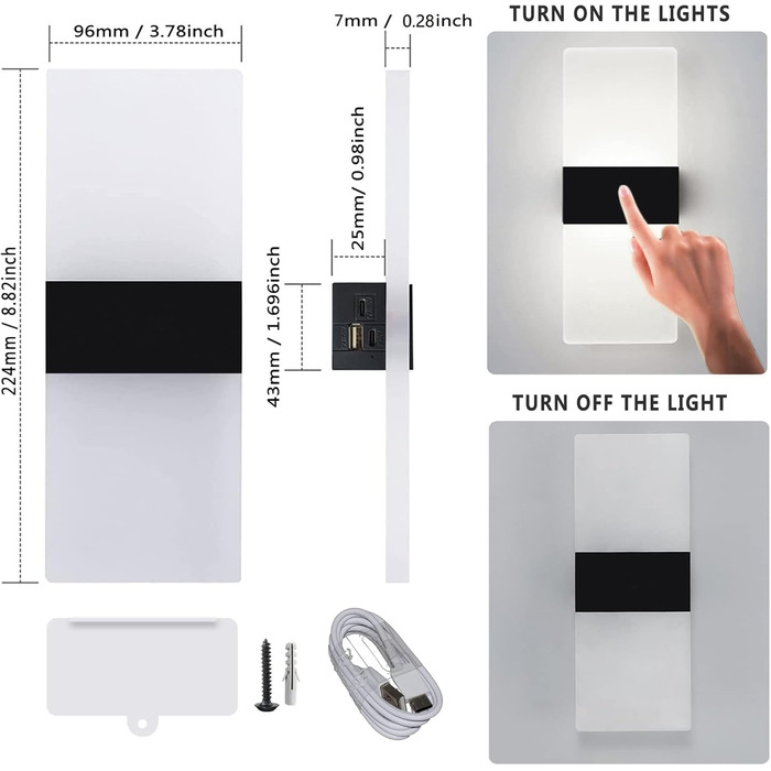 LED-стінна лампа VOMI з датчиком руху, акумуляторна, бездротова, USB-зарядка, 4000mAh, для коридору та сходищ, 2 білих світлодіода (сенсорне керування, 6000K)