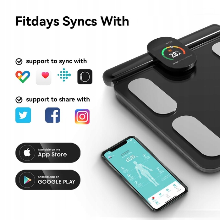Точні цифрові ваги Fitdays з аналізом BMI, кольоровим дисплеєм та Bluetooth, чорні