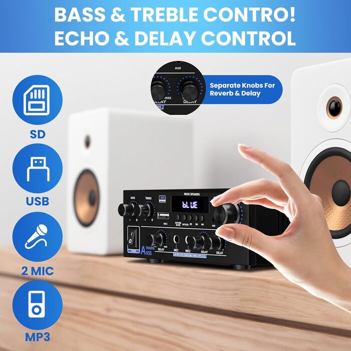 AK55 HiFi стерео підсилювач 2-канальний, 1000 Вт Bluetooth 5.3, 50+50 Вт, для 8-дюймових домашніх колонок, бас/требл, AUX, FM, мікрофон, USB