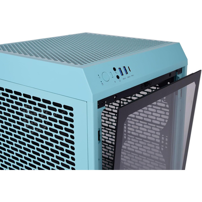 Корпус Thermaltake The Tower 200 Turquoise Mini-ITX з вертикальним розташуванням, загартоване скло, 2x CT140 вентилятори, підтримка AIO 280мм, GPU до 380мм