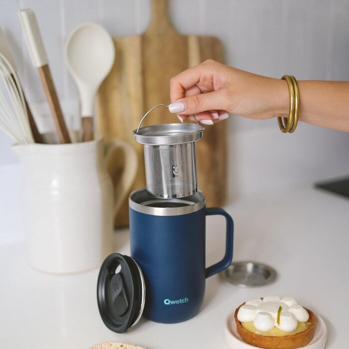 Qwetch Stainless Steel Insulated Tumbler - 12oz - Blue - Keeps Drinks Hot for 6h, Cold for 12h - Leakproof Lid, Reusable, Tea Filter Compatible