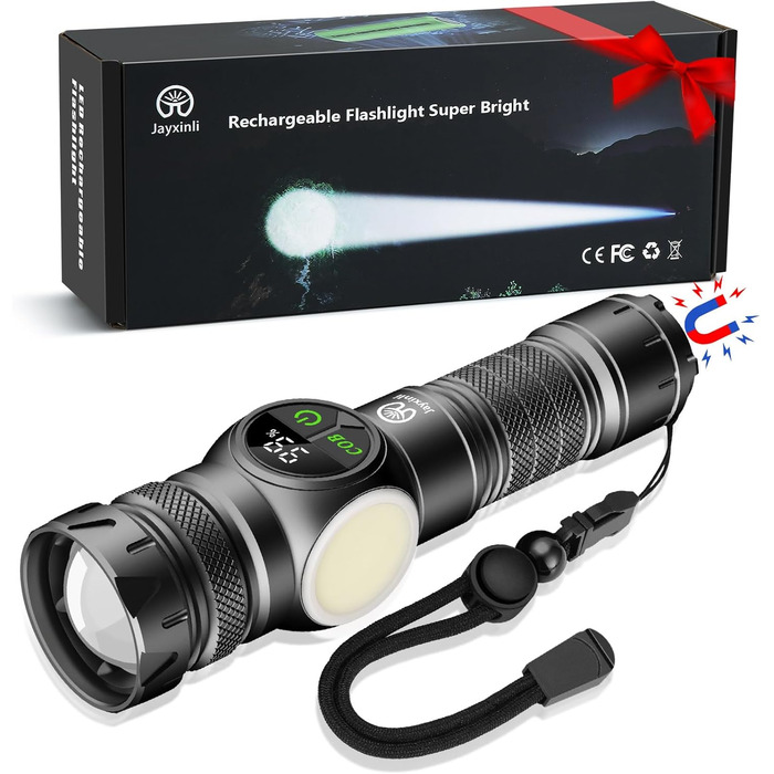 Ліхтар LED акумуляторний 100000 люменів з магнітом, потужний, з акумулятором 5000mAh, LCD-індикатор заряду, 9 режимів, Zoom, для кемпінгу, туризму, активного відпочинку, надзвичайних ситуацій