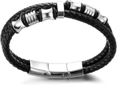 Браслет дитячий Halukakah Ehre Junior для хлопчиків зі шкіри чорного бика, з магнітним застібком, покриттям сріблом/золотом, титановими перлинами, в подарунковій коробці (6-12 років, 18-19.5 см)
