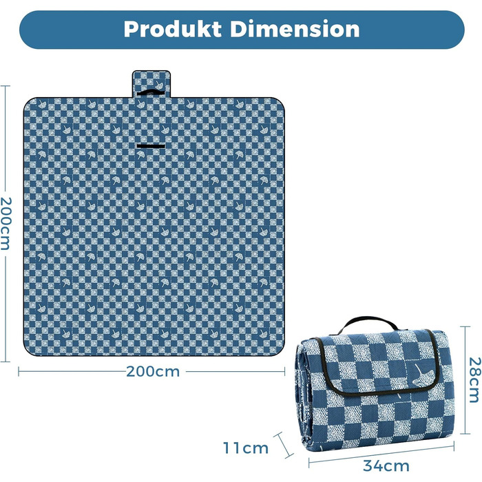 Плед для пікніка Oak & Tea 200x200 см, водонепроникний, ізолюючий, XXL, складний килимок для пляжу та кемпінгу, з міцного Оксфорду (джинсово-синій)