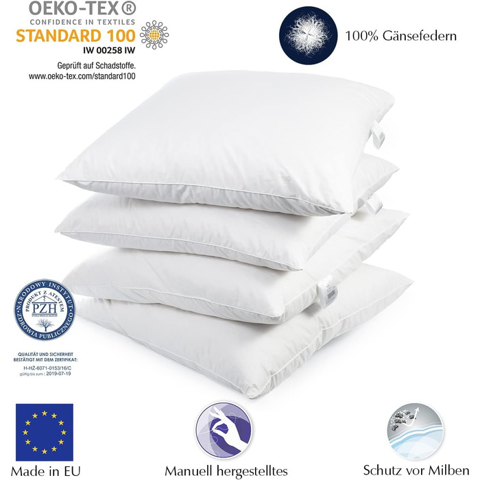 H&F Heimtextilien 4-Piece Set | Premium Quality | Pillowcases 80x80 cm | Filling: 1000 grams of Feathers, Goose Feathers | 100% Natural Pillow | Cover: 100% Cotton | Feather Pillow 80 x 80 cm | Oeko-TEX Certified 1000.0 grams 4