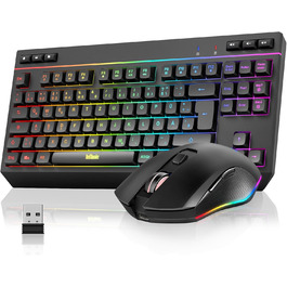 Бездротовий комплект клавіатури та миші RedThunder 75% QWERTZ RGB з підсвічуванням, для ПК Xbox PS5, чорний. Підтримка мультимедійних функцій та оптичний сенсор 7D.