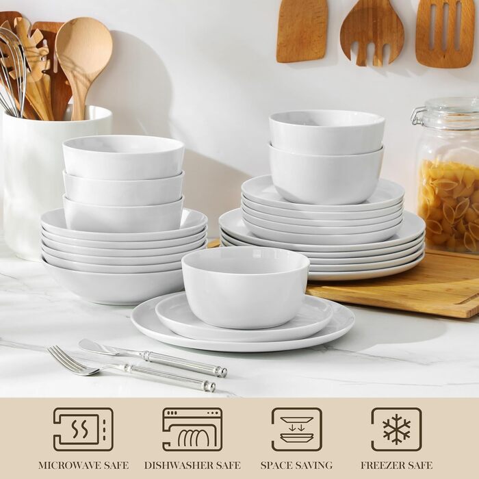 MALACASA Набір посуду Tafelservice 6 Personen, 18-Piece Porcelain Dinnerware Set White, Серія LEXI (білий, 48 предметів)