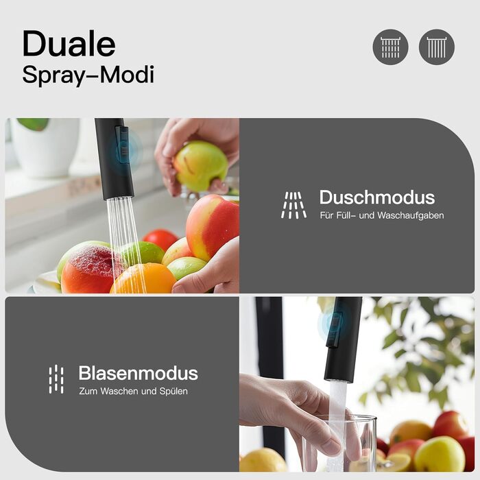 Чорний кухонний змішувач Rainsworth з висувною лійкою та душем, високий (56 см), з двома типами струменя, 360° оберт, з нержавіючої сталі, проста установка