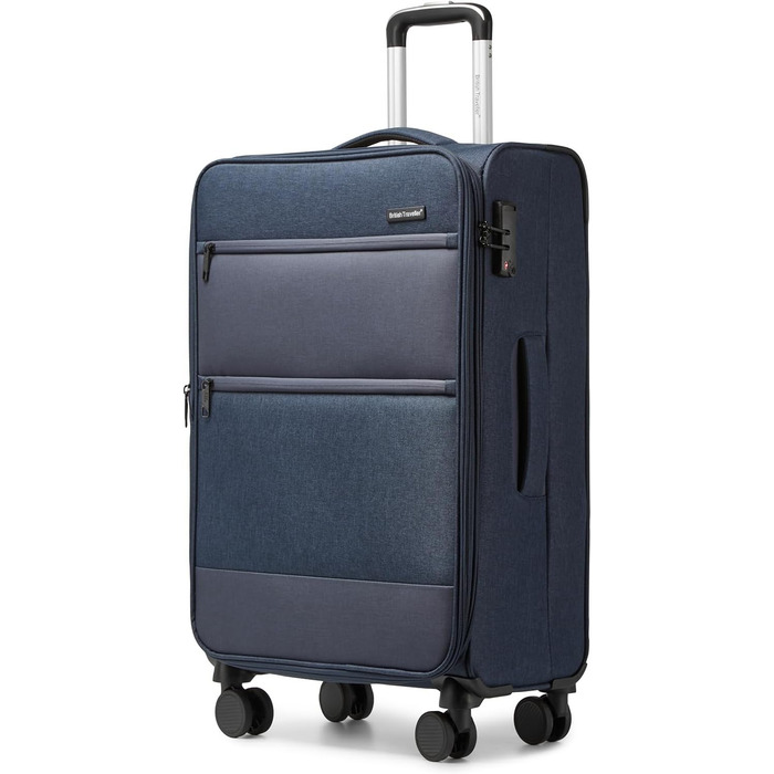 Валіза British Traveller синя 24'' (L) – м'яка, легка, текстильна, на 4 колесах, з TSA-замком, для подорожей, ручна поклажа