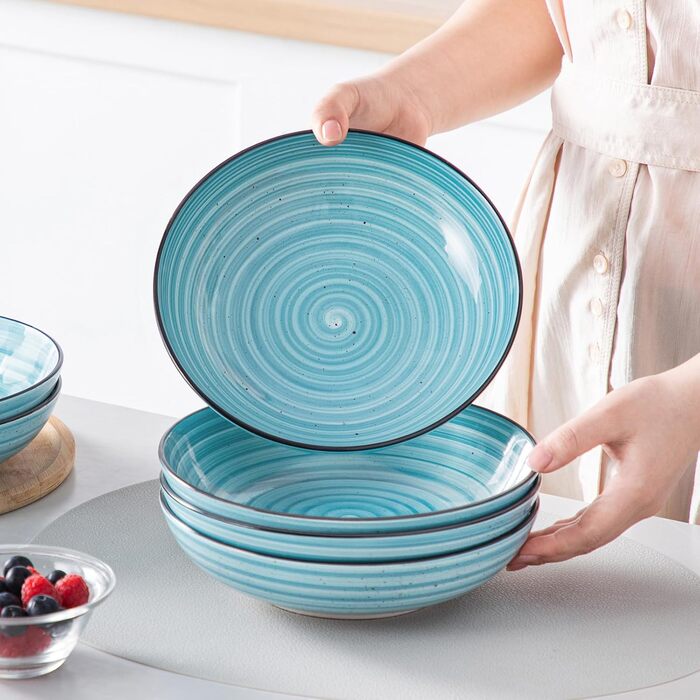 Набір супових тарілок Vancasso Bonbon (6 шт.), супові миски з кераміки, об'єм 1500 мл, глибокі тарілки для пасти, салатники, придатні для миття в посудомийній машині та використання в мікрохвильовій печі, блакитні
