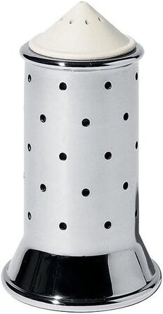 Alessi salt shaker made of stainless steel with lid and closure made of PA, white, 3.5 x 7 x 8.5 cm