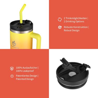 Термокружка Hydro2Go з трубочкою – BPA-free, придатна для миття в посудомийній машині, зберігає тепло 10 годин/холод 12 годин – 1200 мл, колір Sun