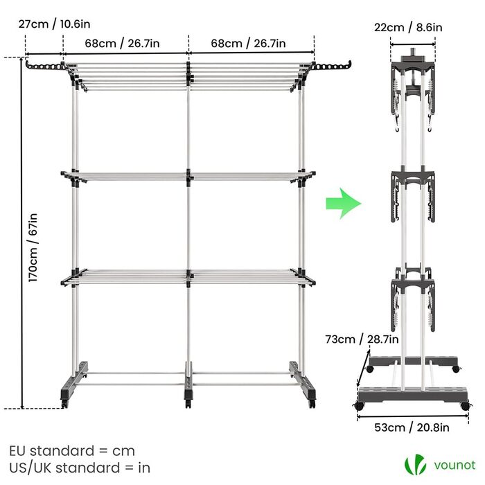 VOUNOT® Сушарка для білизни Турбо, висувна, компактна, для дому та вулиці, з розкладними крилами, телескопічною штангою та 6 роликами, 40м довжини сушіння, 3 яруси, біла