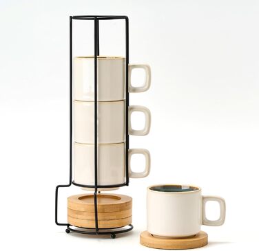 Набір чашок еспресо LUKA з блюдцем та металевою підставкою (4 шт.) - 100 мл, кераміка, мармуровий білий (біло-зелений)