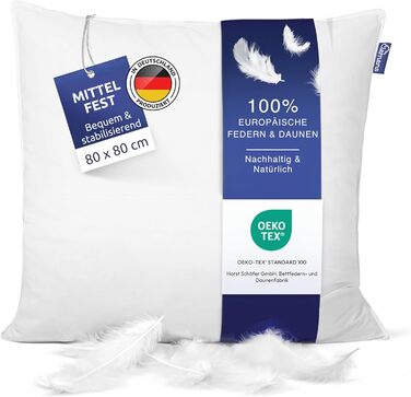 Clemens Down Pillow 80x80 cm Medium Firmness (1800g) High-Quality European Feathers 85% & Down 15% Made in Germany, Popular Pillow for Back & Side Sleepers - Down Feather Pillow Stabilizing Medium Firmness 80 x 80 cm