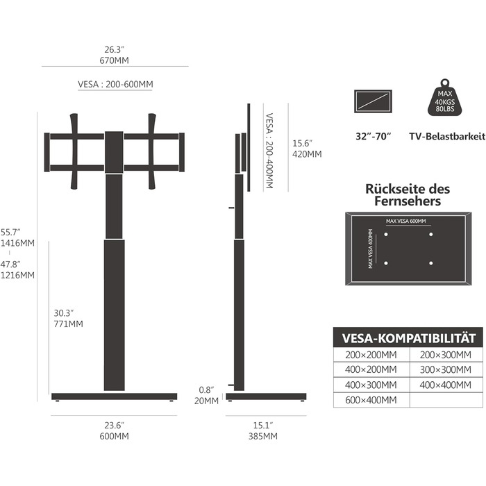FITUEYES Adjustable Swivel TV Stand with Wood Base - Fits 32-70 inch TVs up to 40kg, VESA 400x600