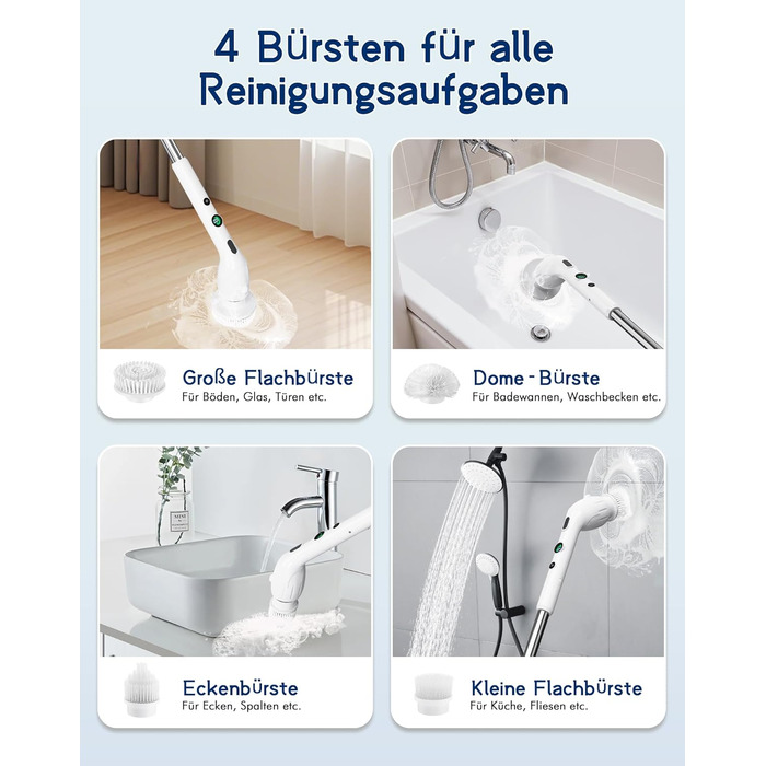 Електрична щітка для чищення з 9 насадок, щітка для швів, водонепроникна IPX8, електричний скрубер з регульованою ручкою, 2 швидкості для ванної кімнати, кухні, авто, підлоги, білий+чорний