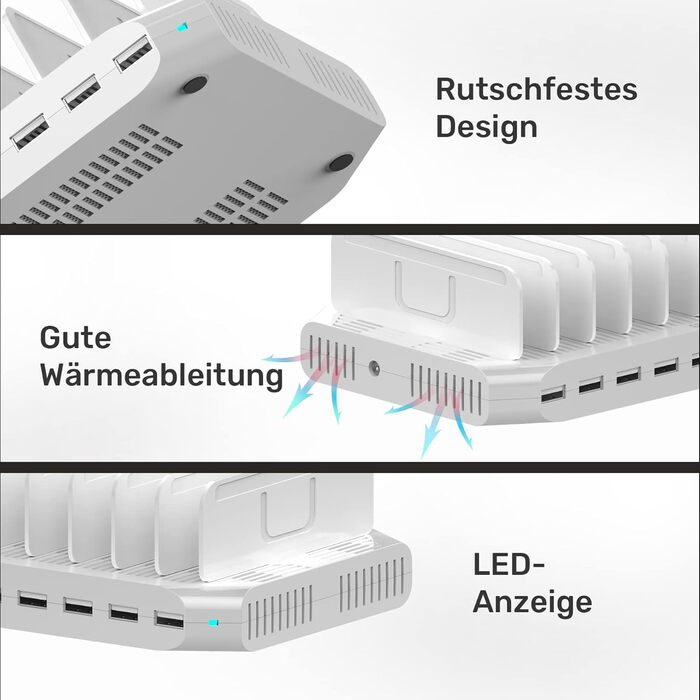 Зарядний пристрій Alxum 60W USB, 10 портів, для телефонів, планшетів, Kindle - білий