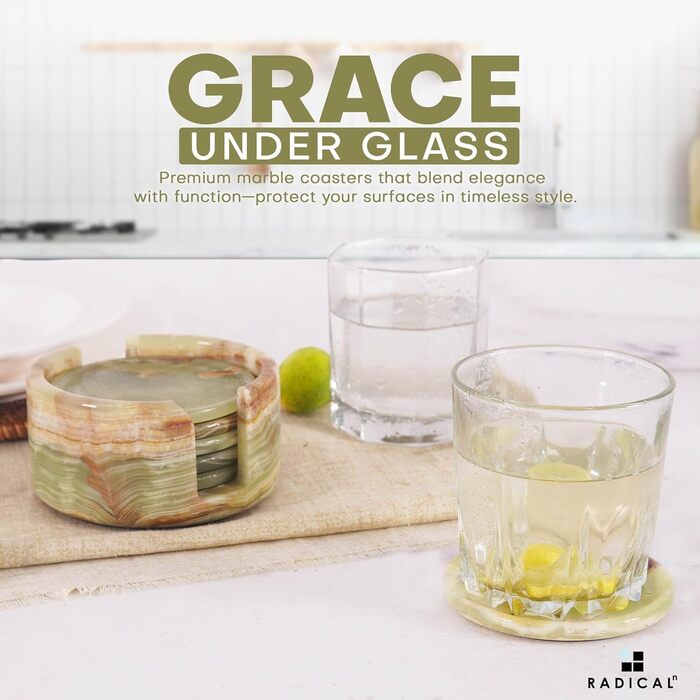 Radical Undercoasters for Drinks, Marble, 8.9 cm, Handmade, for Cups and Glasses, Coaster Set for Kitchen, Car, Office, White, 6-Piece Set (Green Onyx)