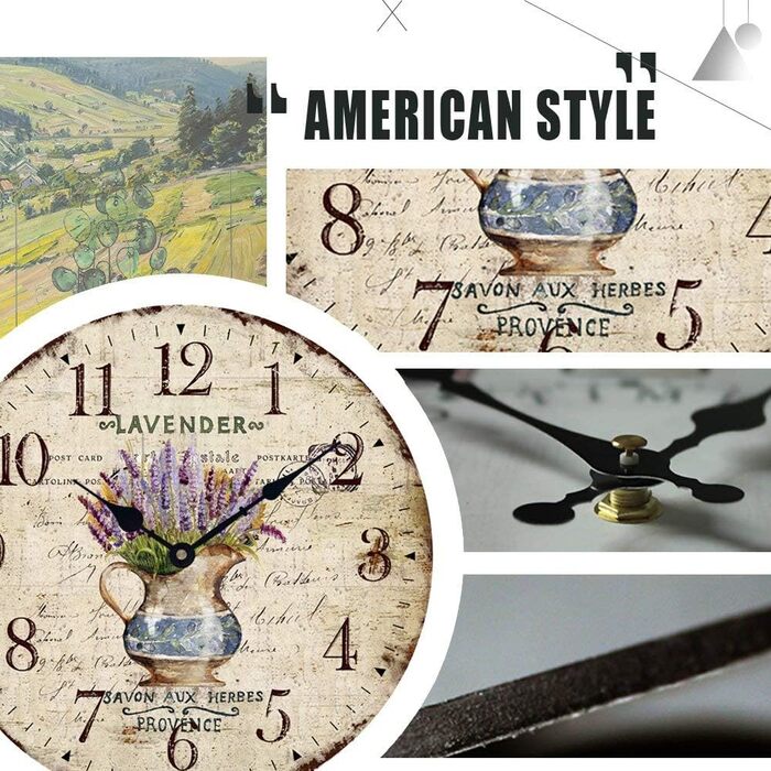 YOAI Wall Clock Kitchen Clock Vintage Shabby CHIC Antique Nostalgia Rustic MDF Quartz Clock with Silent Movement, 12 inch/30CM Ø (Lavender in Pot)