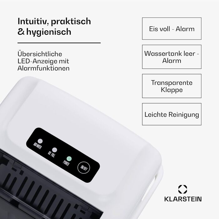 Klarstein Ice Maker - 12kg/24h, 2 sizes, 1.3L water tank, LED displays, transparent lid, portable, ice cube maker for parties/garden events