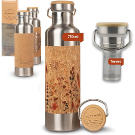 Stainless Steel Water Bottle 750ml - Sustainable, insulated Thermo Water Bottle made of Stainless Steel, leak-proof - Iso Bottle without harmful substances, BPA-free - Thermos Drinking Bottle (Floral Print) (Flowers (Print) + Tea Strainer)