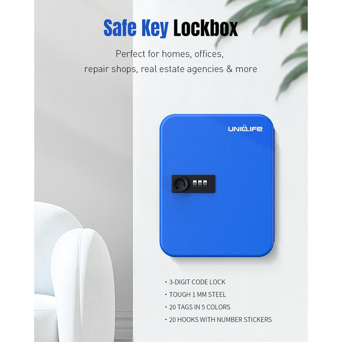 Шкафчик для ключів Uniclife на 60 позицій з комбінацією та ключовим замком, переналаштовується, цифрова скринька безпеки, органайзер для ключів з регульованими полицями (20 ключів, блакитний)