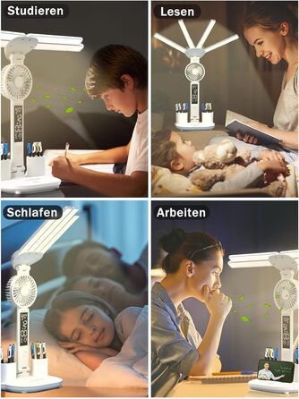 LED-лампа настільна з вентилятором для дітей WLHONG з годинником, тримачем для ручок, календарем та датчиком температури, 3 режими кольору, регульована яскравість, ідеальна для читання