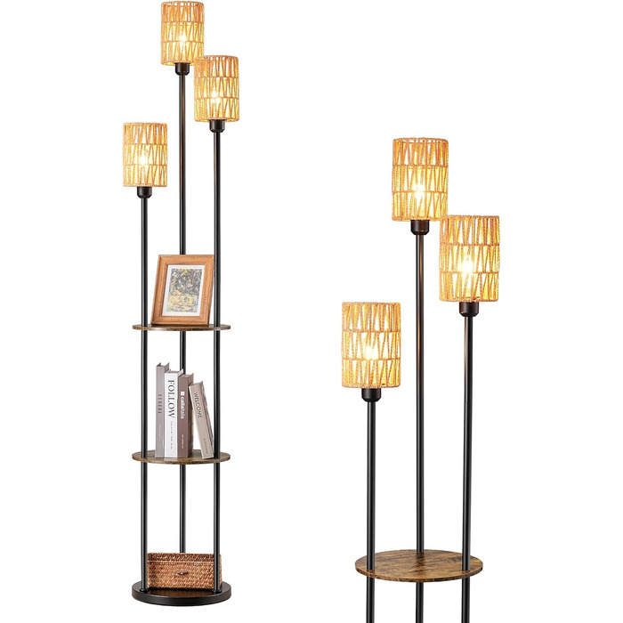 Стійка лампа EDISHINE для вітальні, вінтажна 3-лампова модель з полицею та абажуром з ротангу, 3 патрони E27, з лампочками, бохо-лампа з вимикачем на нозі для спальні та офісу, 178 см (Вінтажний коричневий)