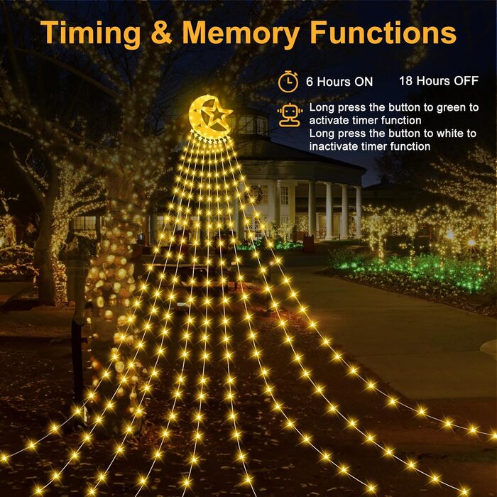 Гірлянда для ялинки 3,5м, 346 LED, 9 струмків, зірка-верхівка, 8 режимів, вологостійка, тепле біле світло